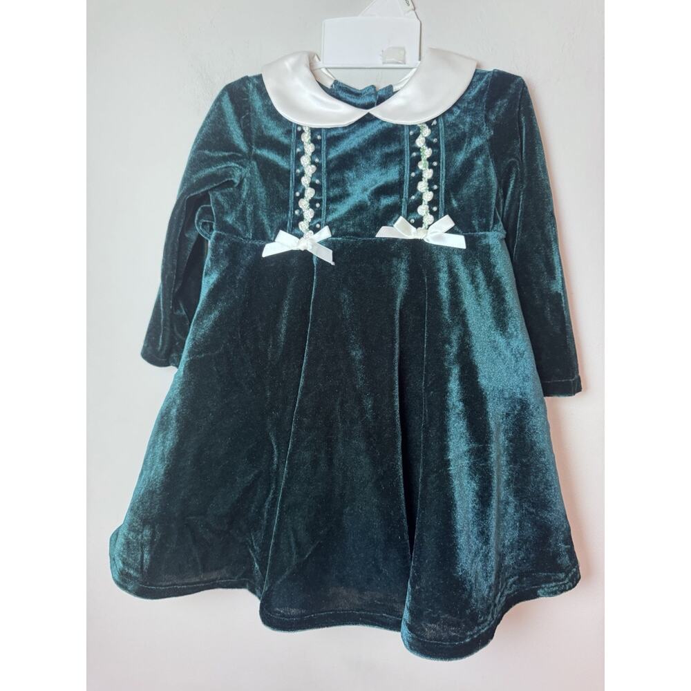 Sophie Rose Toddler Girls Green Velvet Christmas Dress & Bloomers 18 months NEW